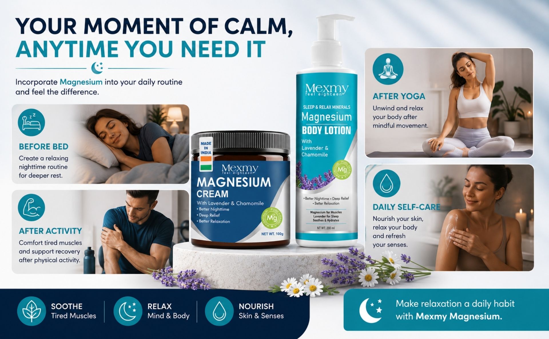 Mexmy Magnesium Cream & Body Lotion Combo with Lavender & Chamomile | Sleep & Relax Minerals Formula | Muscle Relaxation & Recovery | Deep Pain Relaxation, Skin Hydration & Recovery Support | Cream 100g + Lotion 200ml
