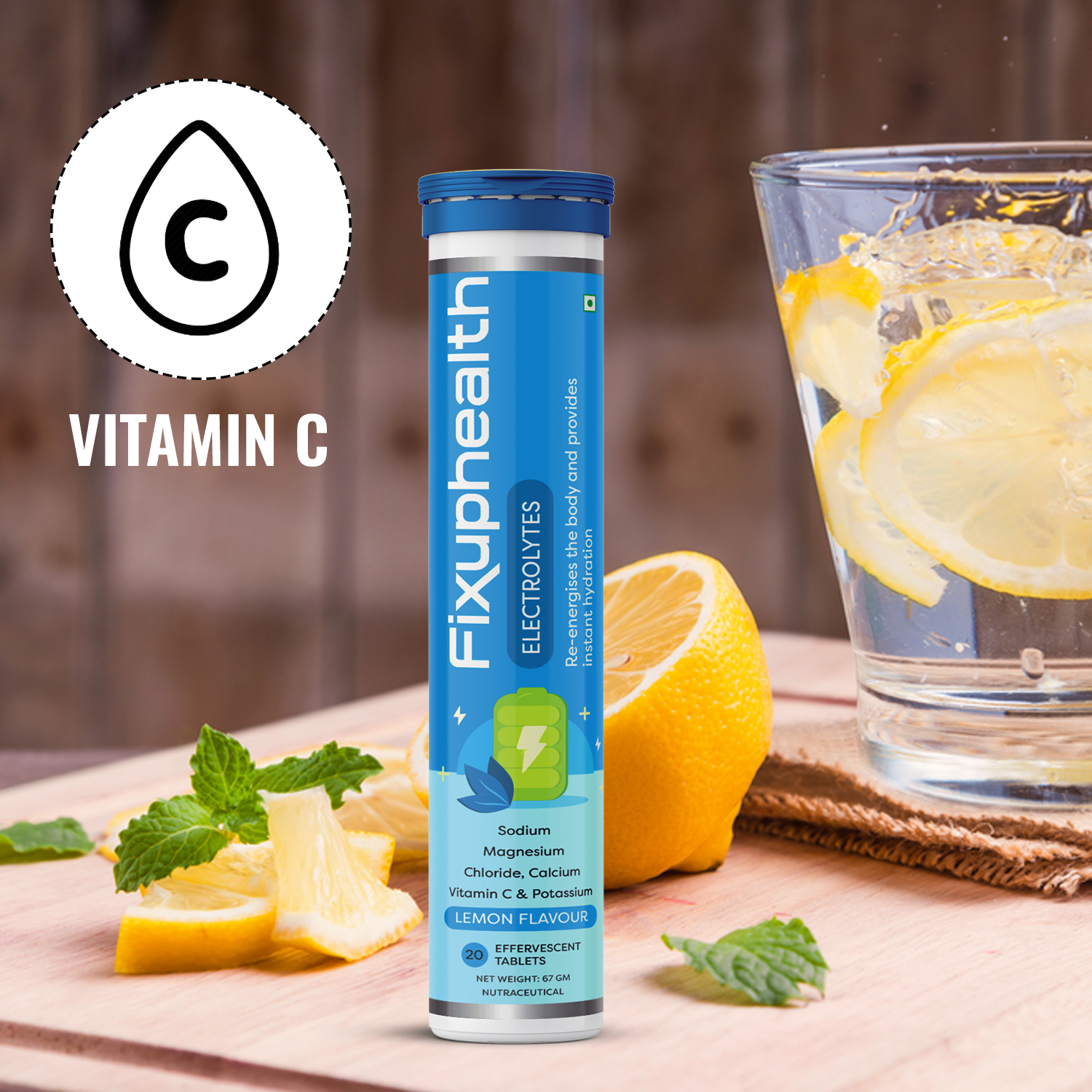 Fixuphealth Electrolyte Effervescent Tablets | Hydration Drink with Sodium, Potassium, Magnesium, Calcium & Vitamin C | Sugar Free Electrolytes for Workout, Travel & Daily Hydration | Lemon Flavour | 20 Tablets