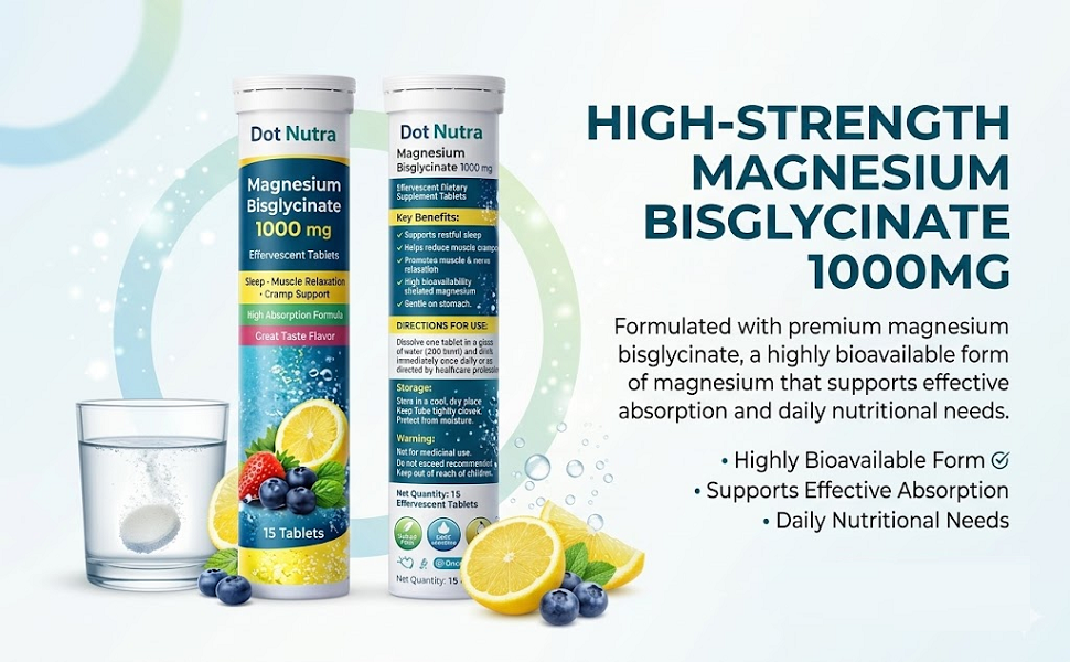 Magnesium Bisglycinate Effervescent Tablets, 1000 mg, Sleep and Muscle Relaxation Support, Lemon Flavour, 15 Tablets (Pack of 1)