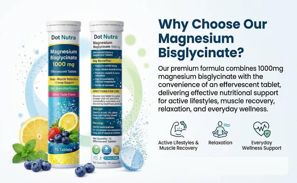 Magnesium Bisglycinate Effervescent Tablets, 1000 mg, Sleep and Muscle Relaxation Support, Lemon Flavour, 15 Tablets (Pack of 1)