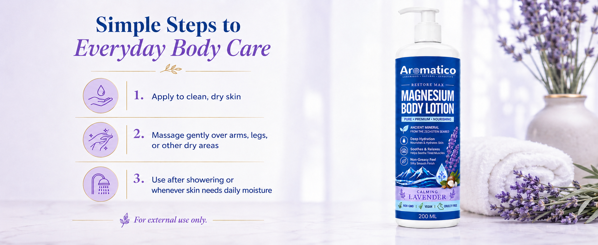 AROMATICO Magnesium Body Lotion. Topical Magnesium Supplement for Muscle Recovery, Skin Hydration & Nourishment. Non Greasy, Natural Ingredients – 200ml.