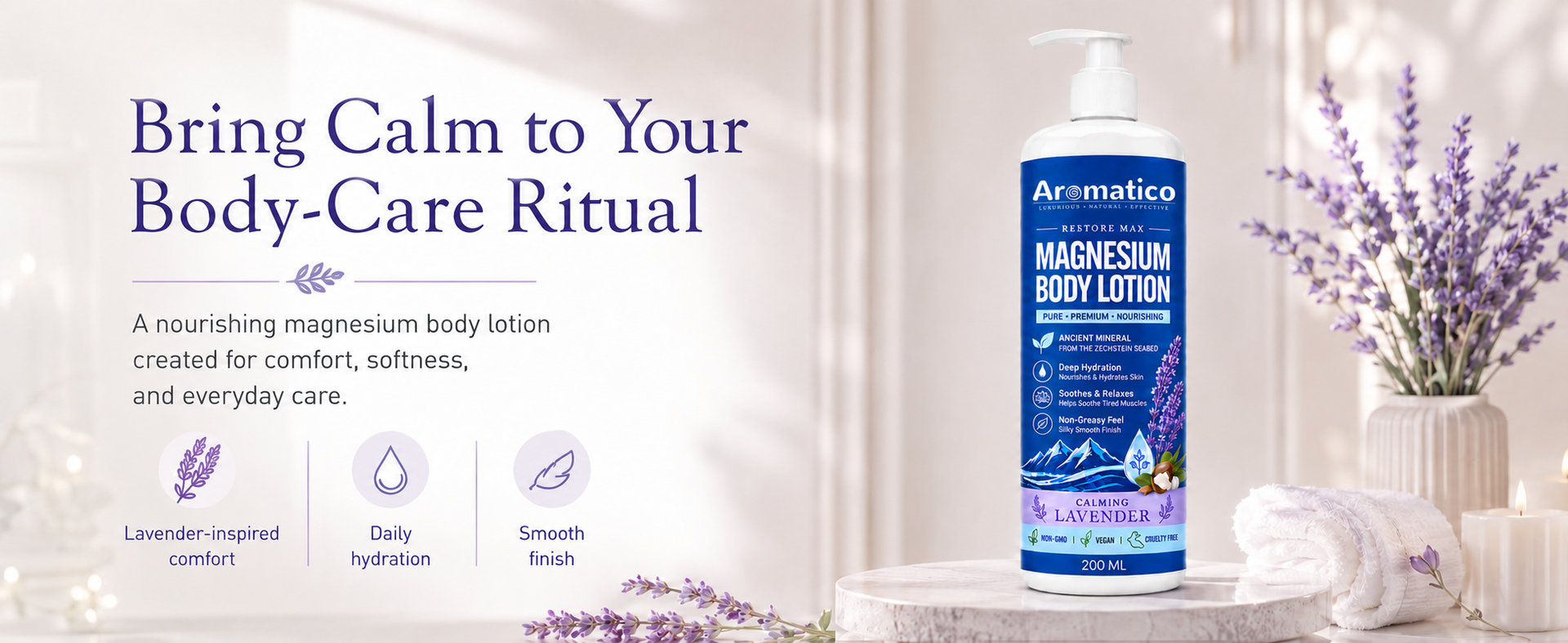 AROMATICO Magnesium Body Lotion. Topical Magnesium Supplement for Muscle Recovery, Skin Hydration & Nourishment. Non Greasy, Natural Ingredients – 200ml.