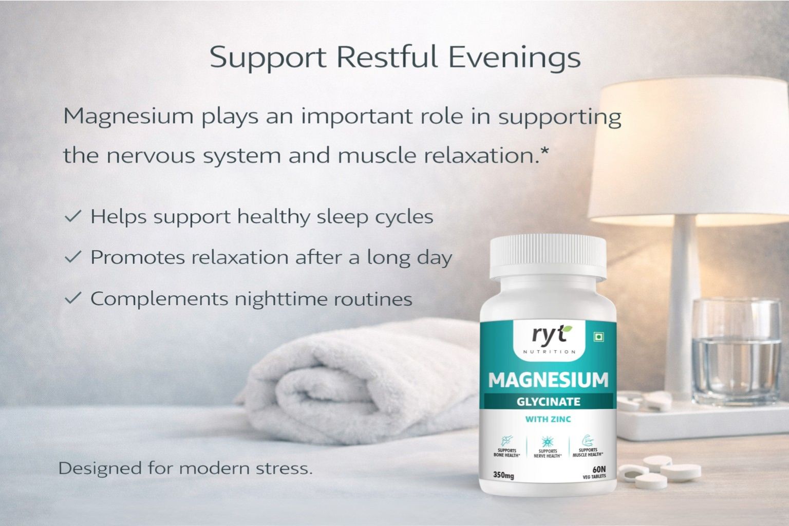 Magnesium Glycinate with Zinc, 350mg, 60 Vegetarian Tablets, Supports Bone, Nerve and Muscle Health
