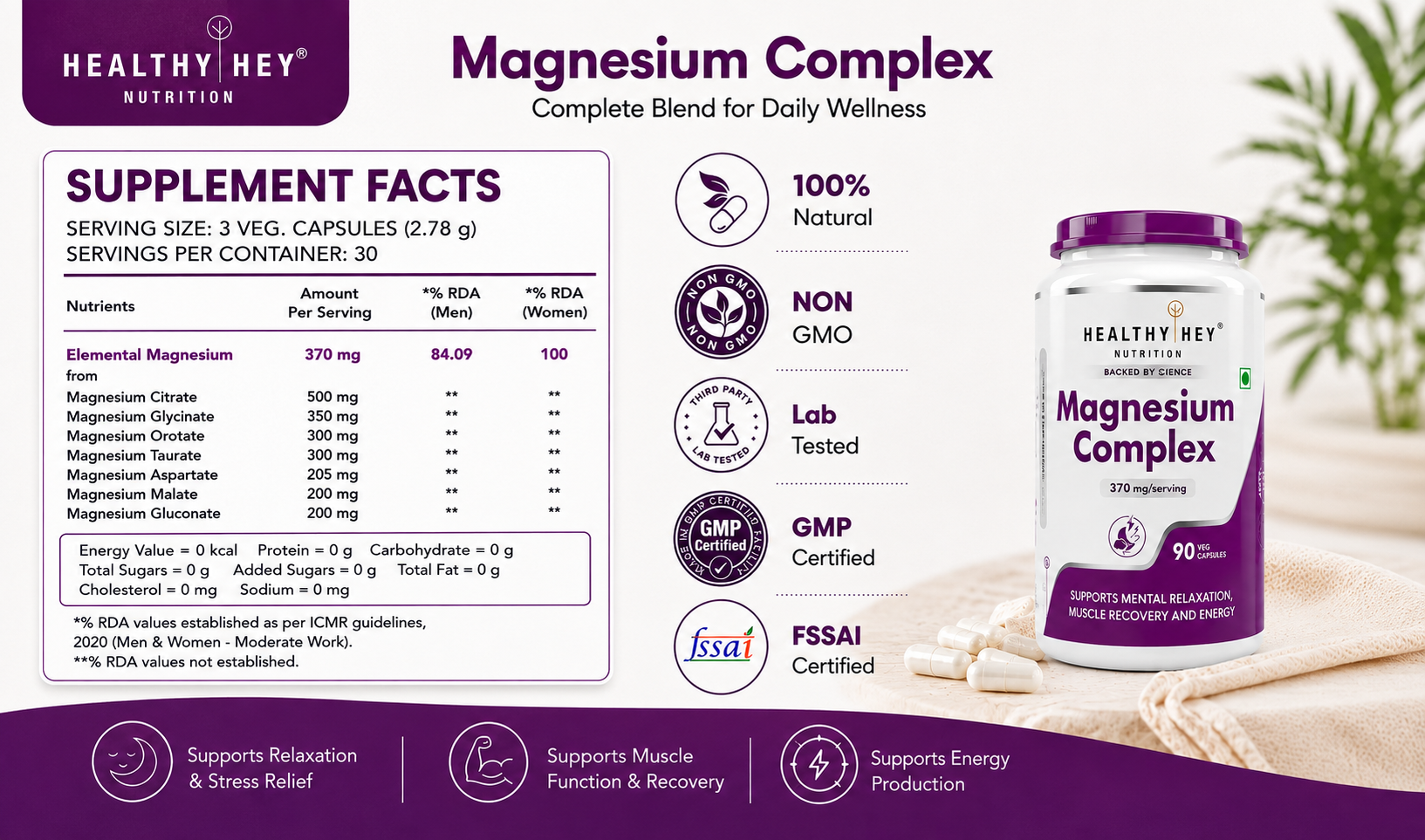 HealthyHey Nutrition Magnesium Complex - 370 mg/serving - 90 Veg Capsules