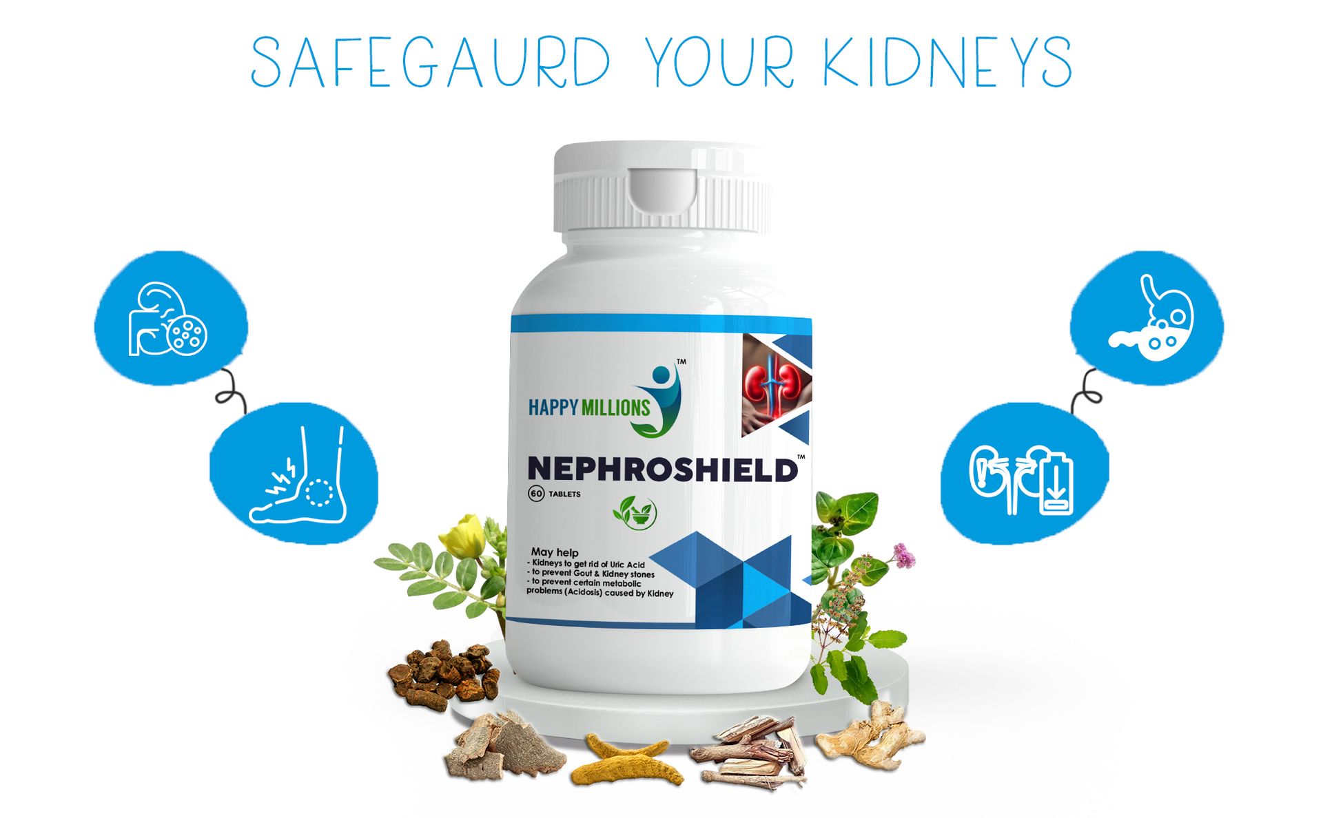 HappyMillions Nephroshield Kidney Detoxify Health Supplement 60 Tablets | May help with Stones, Gout, Uric Acid and Kidney Health