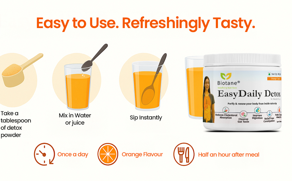 Biotane EasyDaily Detox I Natural Prebiotic Gut Cleansing Fiber blend | Made with 99% Pure Psyllium Husk & Wheat Fiber I Effective in single dose I100 gm Jar (Orange Flavour)