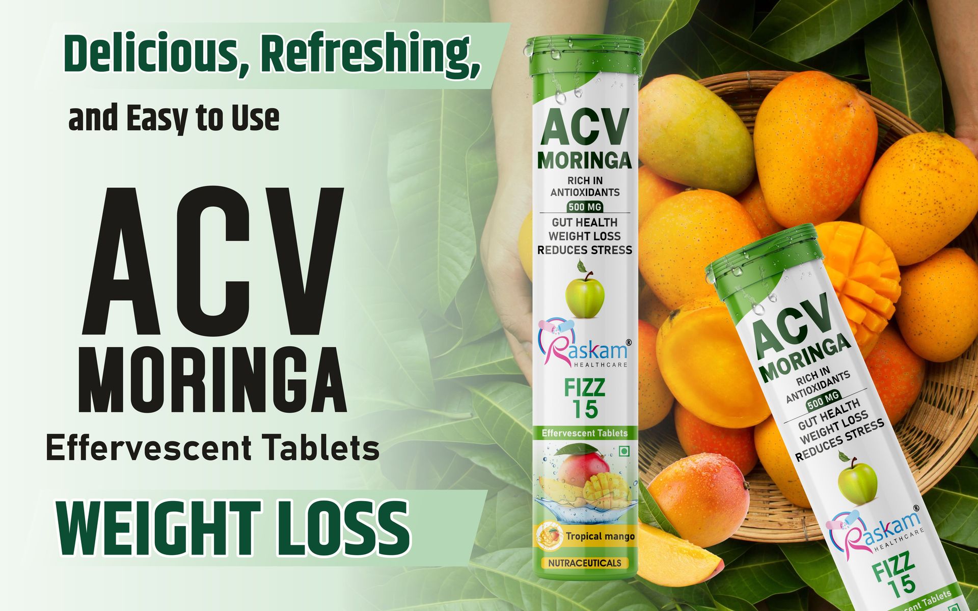 ACV Moringa Antioxidant Effervescent Tablets 500mg – Tropical Mango Flavor, Immunity & Energy Support – 15 Fizz Tabs (Pack of 5)