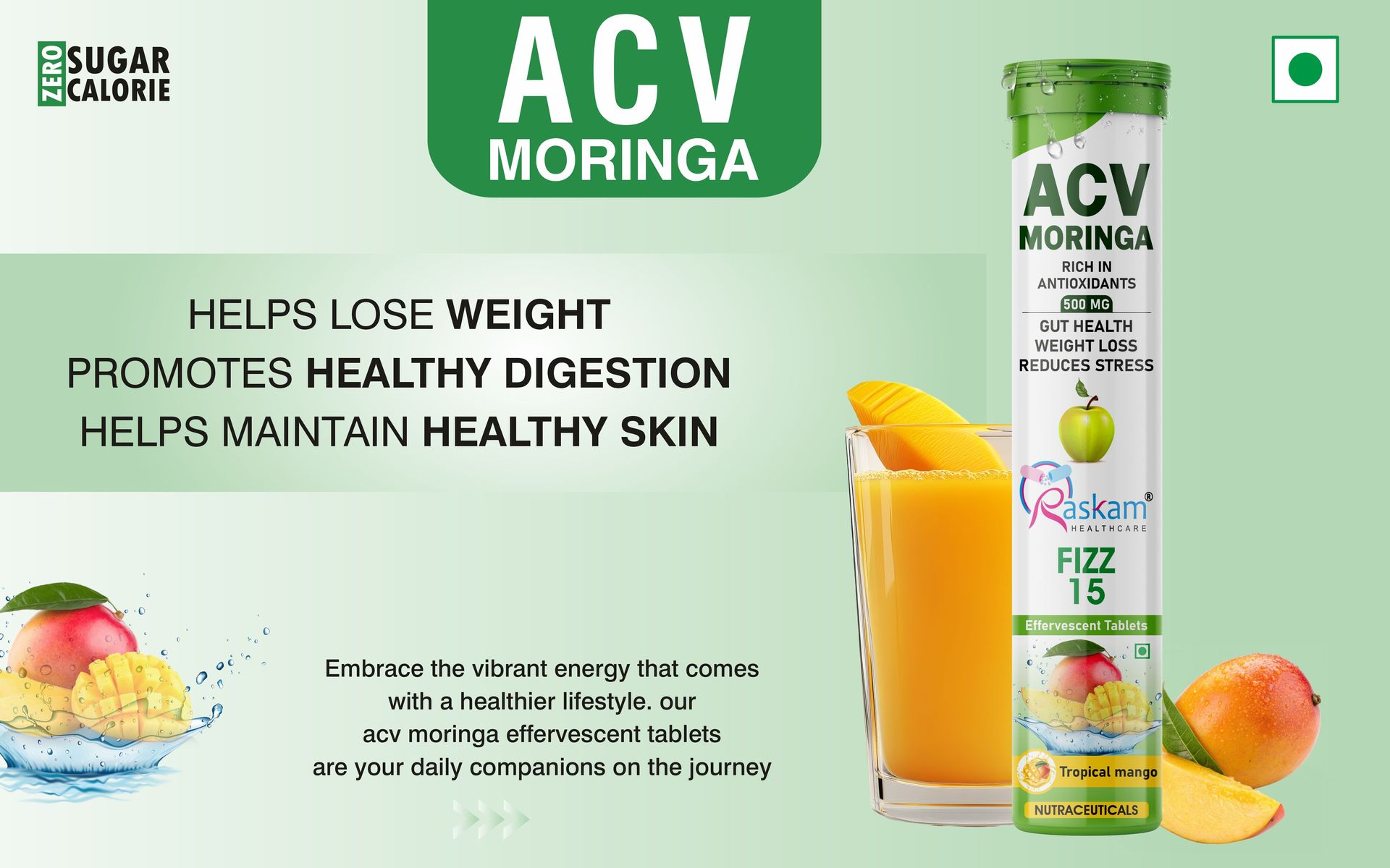 Apple Cider Vinegar Moringa Fizz Tablets 500mg – Tropical Mango Flavor, No Added Sugar, Supports Gut Health & Immunity – 15 Effervescent Tabs (Pack of 3)