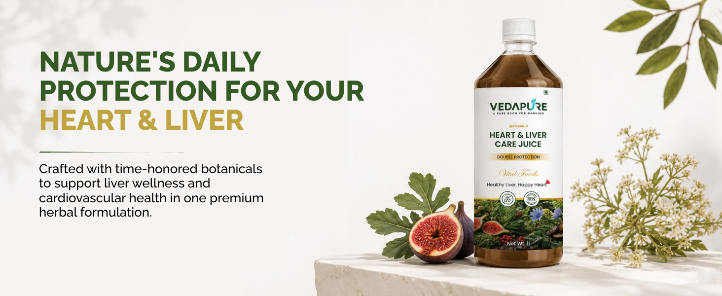 VEDAPURE Heart & Liver Care Juice 1000ml | Ayurvedic Liver Detox & Heart Health Juice | Herbal Liver Cleanse with Kasni, Revand Chini, Anjeer & Fennel | No Added Sugar | GMP Certified (Pack of 2)