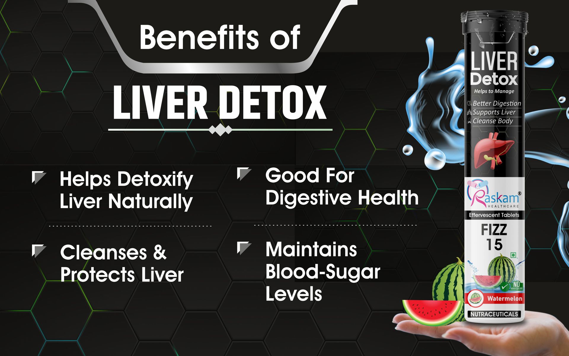 Liver Detox Effervescent – Plant-Based Detox with 9 Ayurvedic Herbs | Sugar-Free | Refreshing Watermelon Flavor | Drop, Fizz, Sip | Fizz 15 Tablets Pack of 3