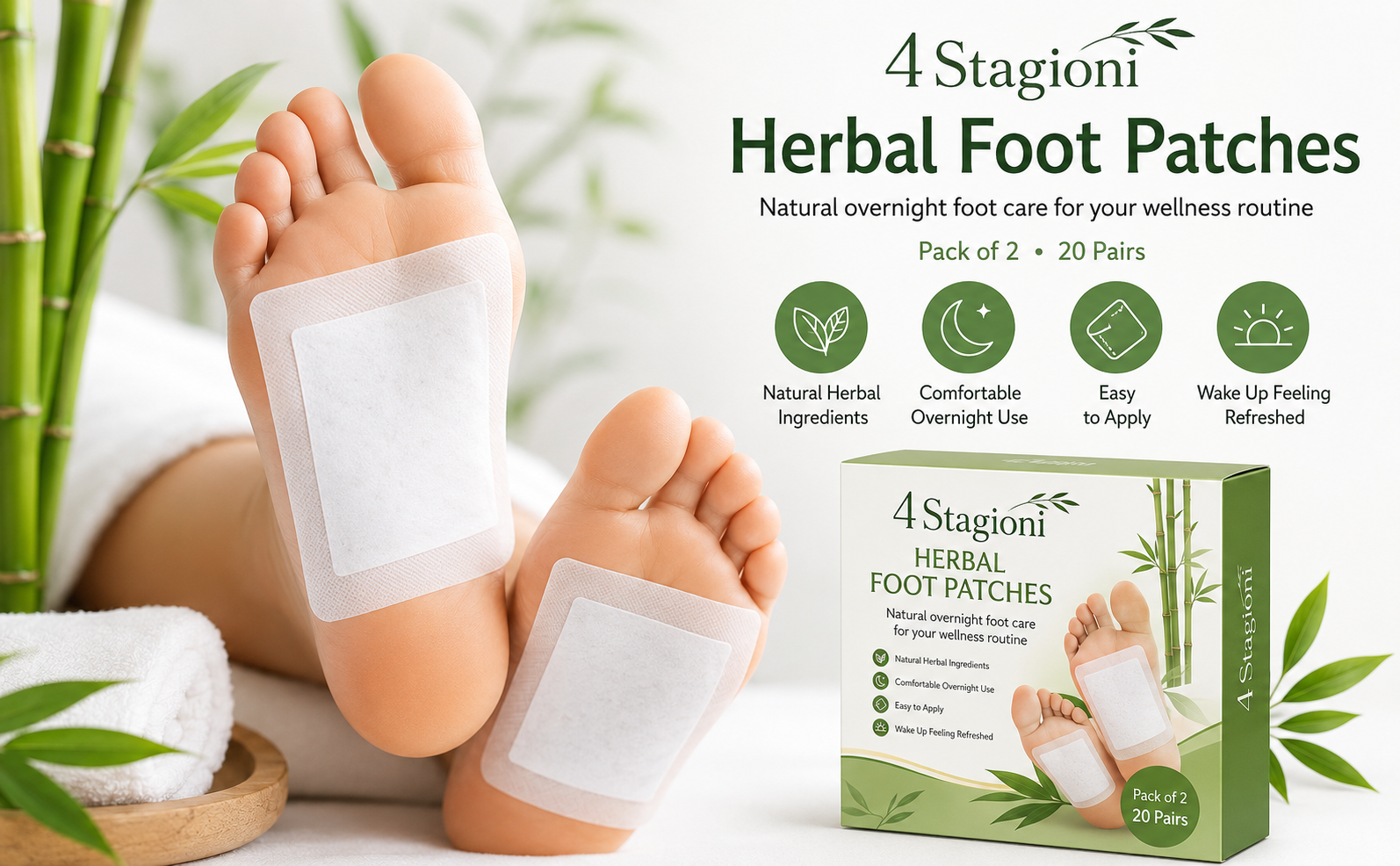 Herbal Foot Patches, Pack of 2, 20 Pairs Natural Foot Pads with Bamboo Vinegar, Gentle Overnight Foot Care Patches, Easy to Apply, Comfortable Wellness Pads for Men & Women