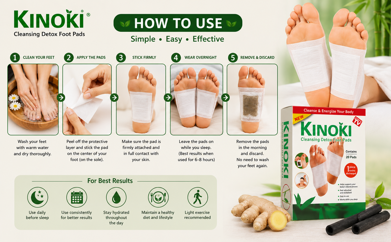 CHICAGOZONE 20 PCS Kinoki Cleansing Foot Pads | Natural Bamboo Vinegar Foot Patch for Overnight Foot Care | Self Adhesive Foot Patches for Relaxation & Daily Wellness | Comfortable Night Foot Stickers | Unisex