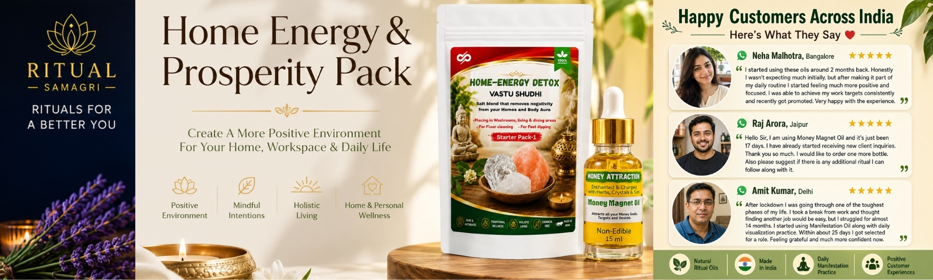 Home Energy & Prosperity Pack | Money Magnet Oil (15ml) + Home Energy Detox | Home Wellness Combo for Positive Environment, Mindful Living & Intention-Based Practices | Made in India