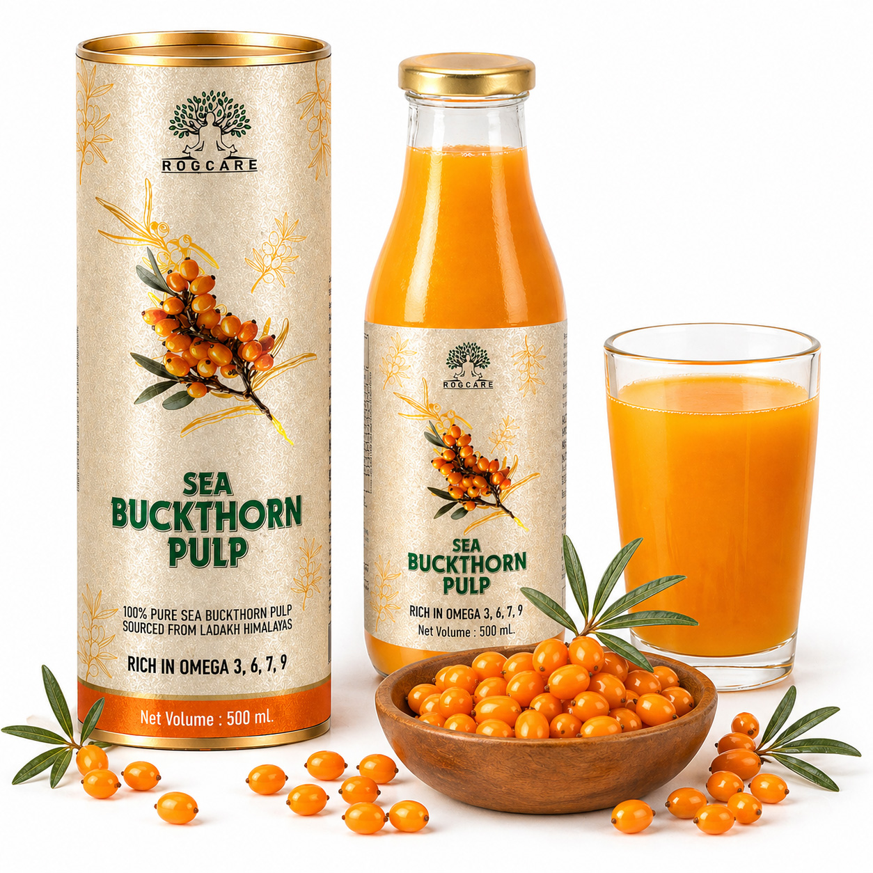 Rogcare Sea Buckthorn Juice 500ml Packed in a Glass Bottle | Cold-Pressed Sea Buckthorn Pulp Concentrate from Ladakh Himalayas (-40°C) Rich in Natural Vitamin C, Omega 3, 6, 7, 9 & Antioxidants | Skin Glow & Gut Health