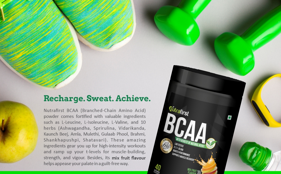 Nutrafirst Natural BCAA Powder for Men (400g, 40 Servings) – Mixed Fruit Flavor | 2:1:1 Ratio of Leucine, Isoleucine & Valine | Pre, Intra & Post Workout Recovery | Supports Muscle Growth – Pack of 1
