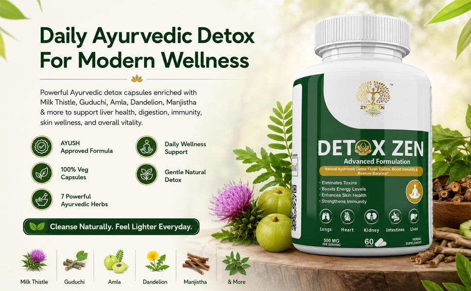 DetoxZen Detox Capsules | Milk Thistle, Amla, Guduchi, Dandelion & Manjistha | Ayurvedic Herbal Detox Supplement | Liver & Digestion Support | 60 Veg Capsules