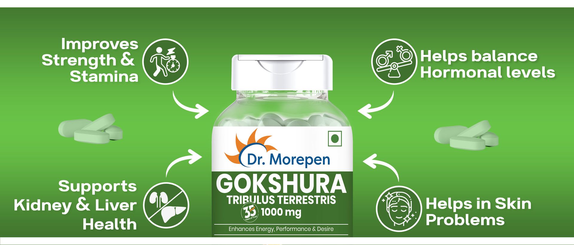 DR. MOREPEN Gokshura Tablets | 1000 mg Tribulus Terrestris | Overall Wellbeing for Men & Women - (60 Veg Capsules)