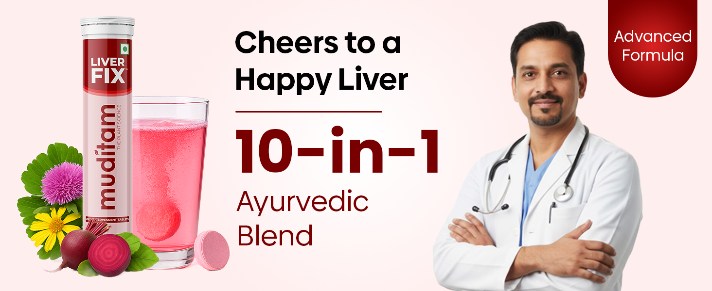 Muditam Ayurveda Liver Fix - Daily Liver Cleanser Drink 20 Tablets | Ideal For 10 Days | Milk Thistle Tablets in Effervescent form | Helps in Fatty Liver & Detox