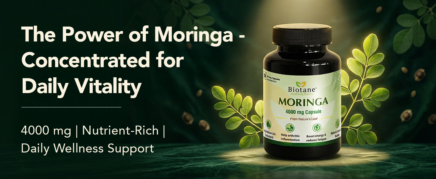 Biotane Moringa 4000mg Capsules | Only 1 Capsule a Day | Natural Multi-Vitamin Supplement | Manufactured in technical collaboration with Vitane Pharma, USA I Pack of 60 Veg Capsules
