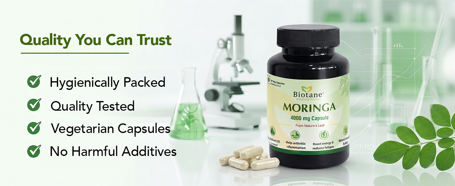 Biotane Moringa 4000mg Capsules | Only 1 Capsule a Day | Natural Multi-Vitamin Supplement | Manufactured in technical collaboration with Vitane Pharma, USA I Pack of 60 Veg Capsules