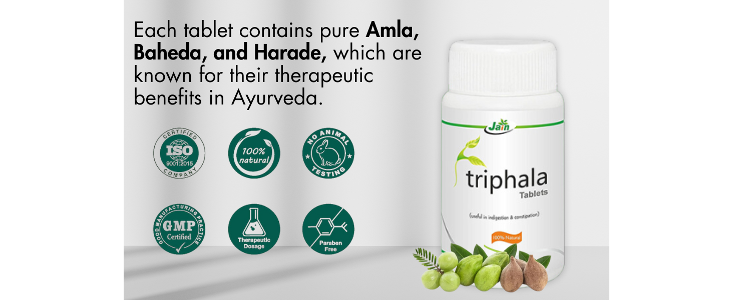 Jain Triphala Tablets 100 Count (Pack of 3 X 100 Tabs) Ayurvedic Digestive Support Supplement | Triphala Churna Tablet with Amla, Harad & Baheda | Gut Health, Detox Support, Metabolism Support | Natural Herbal