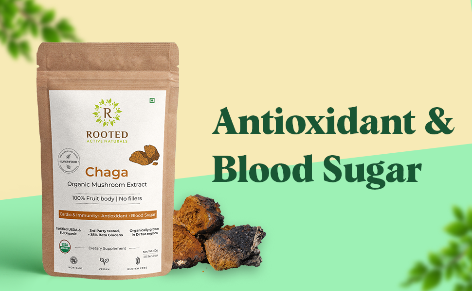 Rooted Actives Siberian Chaga Mushroom Capsules (45 Gm) | Blood Sugar, Heart & Immunity | 35% Beta Glucans | Certified Organic Siberian