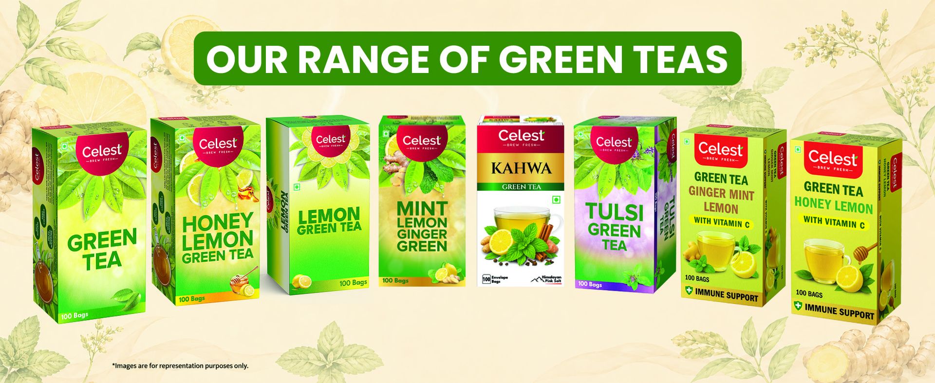 Celest Ginger Mint Lemon Green Tea 400 Tea Bags (100 Bags × 4) | Vitamin C Enriched | Immunity Support