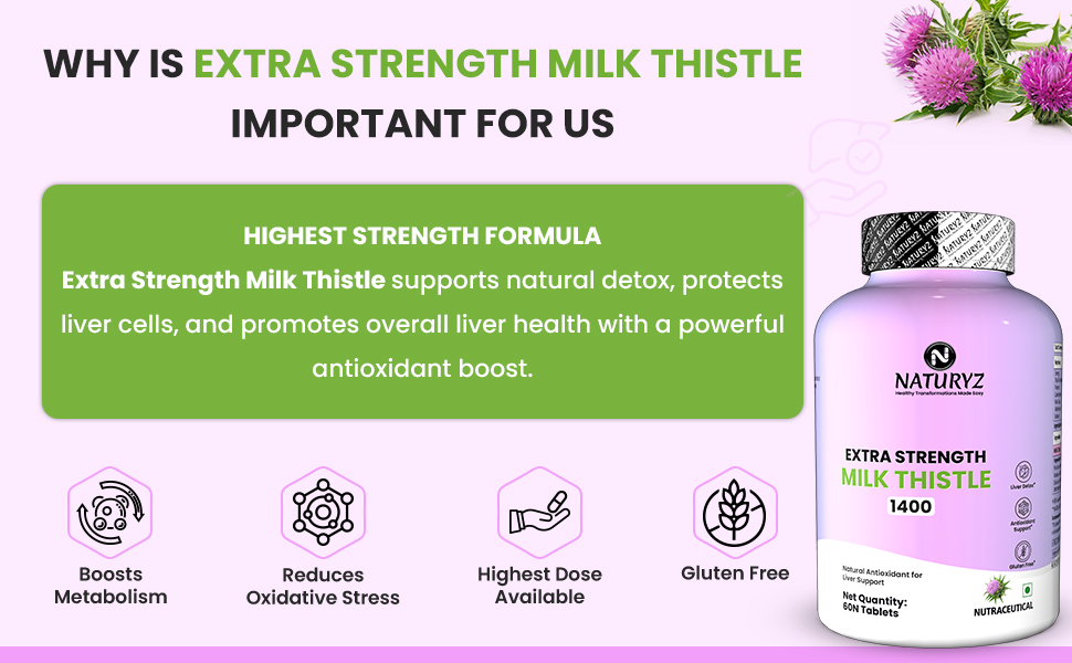 NATURYZ Extra Strength Milk Thistle 1400mg Fatty Liver detox supplement | Supports Liver Health & Natural Detox | Standardized for Silymarin | Maintain Liver Function & Antioxidant Balance | 60 Veg Tablets