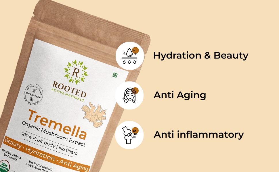 Rooted Actives Tremella Mushroom Extract (45 g) |Beauty, Skin Glow, Collagen booster, Hyalyronic acid, Hydration| 45% Beta Glucans