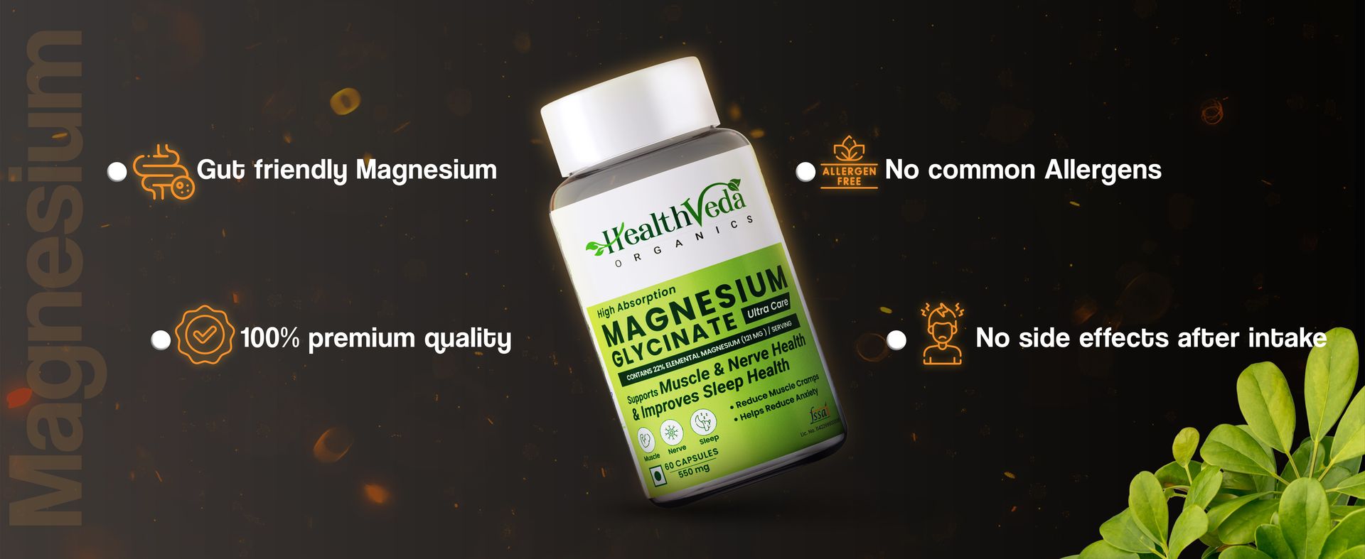 Health Veda Organics Magnesium Glycinate Supplement 550 mg | 60 Veg Capsules for All Adults | Supports Sleep, Relaxation & Muscle Recovery
