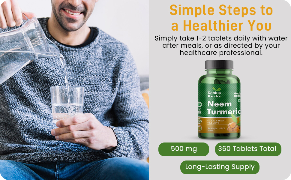 Neem Turmeric Tablets 500mg – 360 Veg Tablets |Ayurvedic Herbal Detox Supplement | Supports Immunity, Skin & Digestion | Vegan, Non-GMO | Pack of 2 (90 Day Supply)
