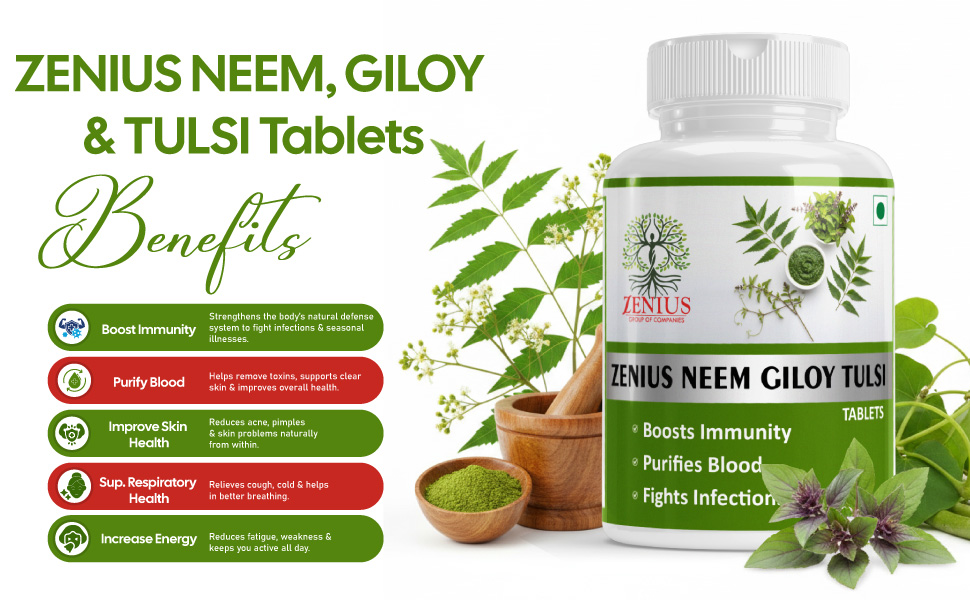 Zenius Neem Giloy Tulsi Tablets, Boosts Immunity, Purifies Blood, Fights Infections, Ayurvedic, 60 Tablets
