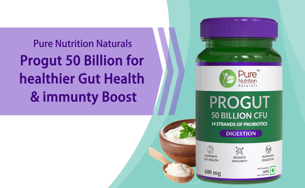 Pure Nutrition Progut 50 Billion CFU - 120 Veg Capsules (60x2) | Advanced Probiotic & Prebiotic Formula for Men & Women | 14 Strains for Gut Health, Digestive Support & Immunity | Eases Gas, Bloating & Improves Nutrient Absorption