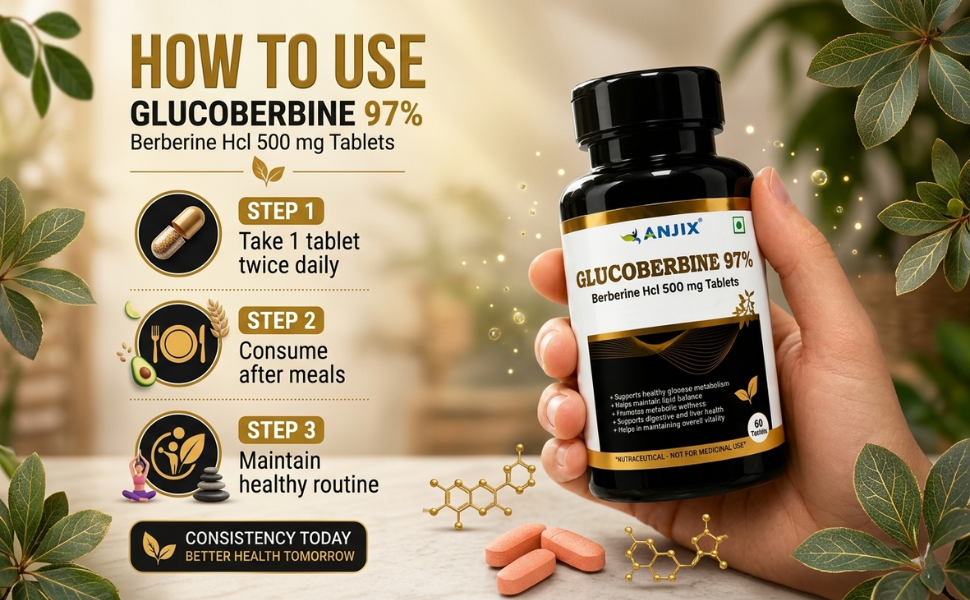 Berberine HCL (Glucoberbine) 97 Percent Tablets | 500 mg Herbal Supplement for Metabolism Support Digestive Wellness | 60 Tablets Pack