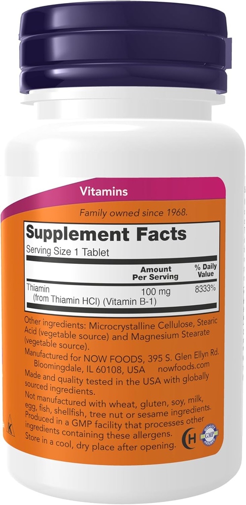NOW Foods Vitamin B-1 (Thiamine) 100mg, 100 Tablets (Pack of 2) 3