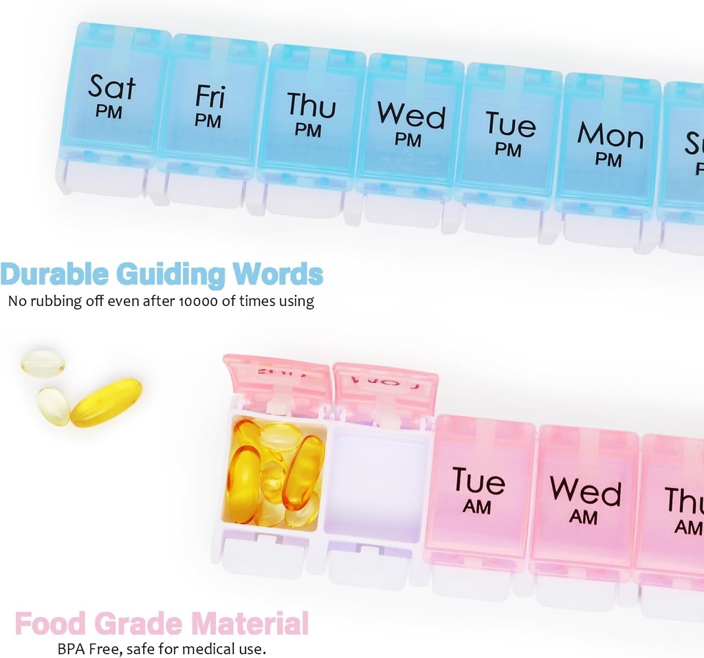 MOLN HYMY Weekly Pill Boxes and Organizer 2 Times a Day, 7 Day AM PM Pill Case Two Week, 14 Large Compartments Pill Dispenser to Hold Medication, Vitamins (Pink+Blue) 4