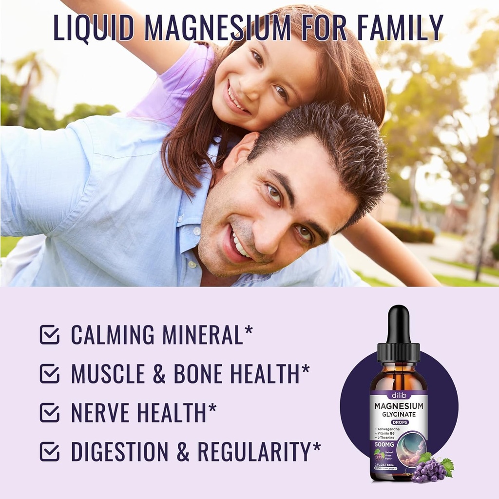 (2 Pack) Magnesium Glycinate Liquid Drops 500mg, with Vitamin B6, Ashwagandha, L - Theanine, Chamomile, Magnesium Glycinate Supplement High Absorption for Sleep, Stress, Energy Mood - Grape Flavor 3