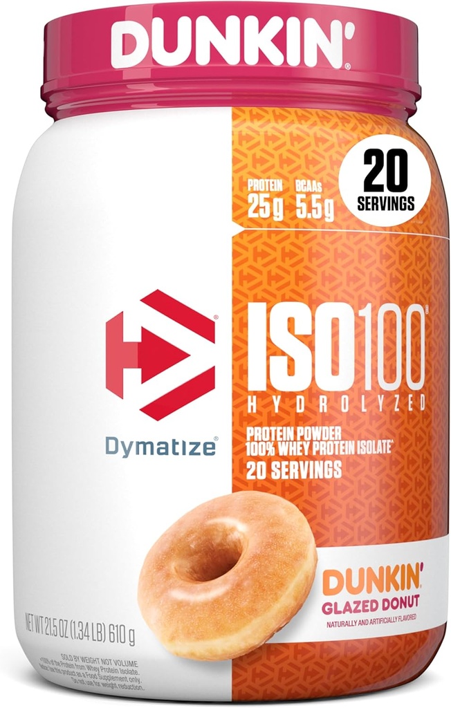 Dymatize x Dunkin' Glazed Donut ISO100 Whey Protein Powder, 25g of Protein, 5.5g BCAAs, 120 Cal., Gluten Free, 1g Fat, 1g Sugar, 2g Carb (20 Servings) 2
