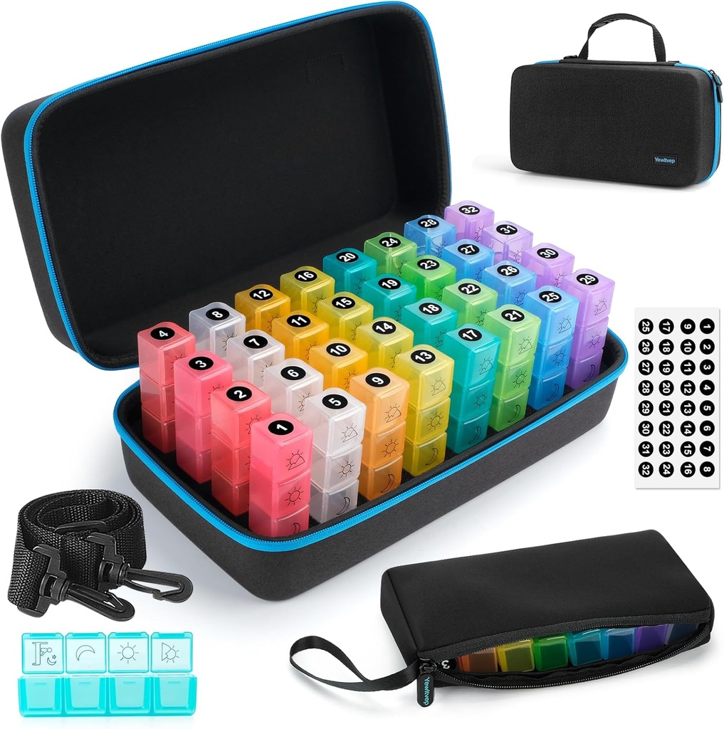 Yewltvep Monthly Pill Organizer 4 Times a Day, Pill Box Organizer with 32 Daily Compartments, 30 Day Pill Organizer 4 Times a Day Pill Holder with Hard Shell Travel Case+Weekly Pill Bag 4 Times a Day 2