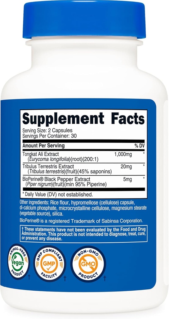 Nutricost Tongkat Ali 1,000mg, 60 Caps (3 Bottles) - 30 Servings, Veggie Caps, Non-GMO, Gluten Free, Potent Extract 6