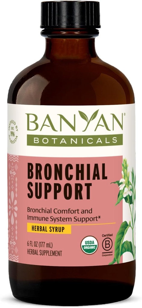 Banyan Botanicals Bronhiaalne tugi - orgaaniline taimsete siirup lastele ja täiskasvanutele - rahustav hingamisteede tugivalem koos lagritsa ja ingveri juurega * - 6oz. - Mitte GMO jätkusuutlikult päritoluga taimetoitlane