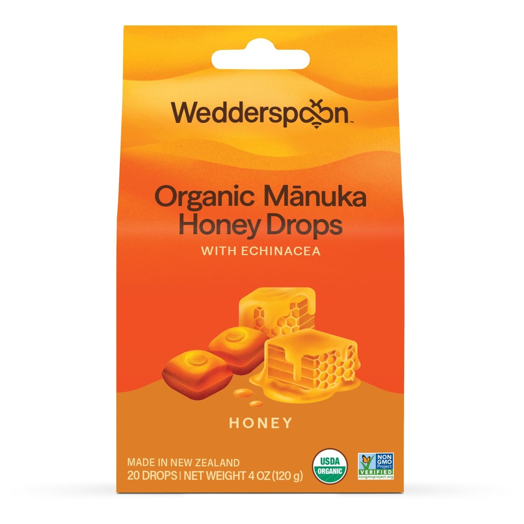 Wedderspoon Organic Manuka Honey Drops, Honey & Echinacea, 20 Count (Pack of 1) | Tõeline Uus-Meremaa Honey | Perfect Remedy for Dry Throats