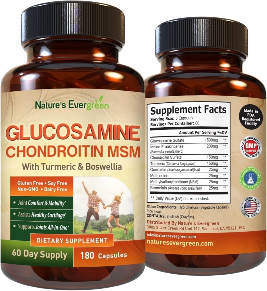 Glükoosamiin Kondroitiin MSM kurkumi ja boswellia lisandiga | Ühine tugilisa Glükoosamiinsulfaat 1500mg | Ühine tervis Kondroitiinsulfaat MSM naistele ja meestele - 180 kapslit