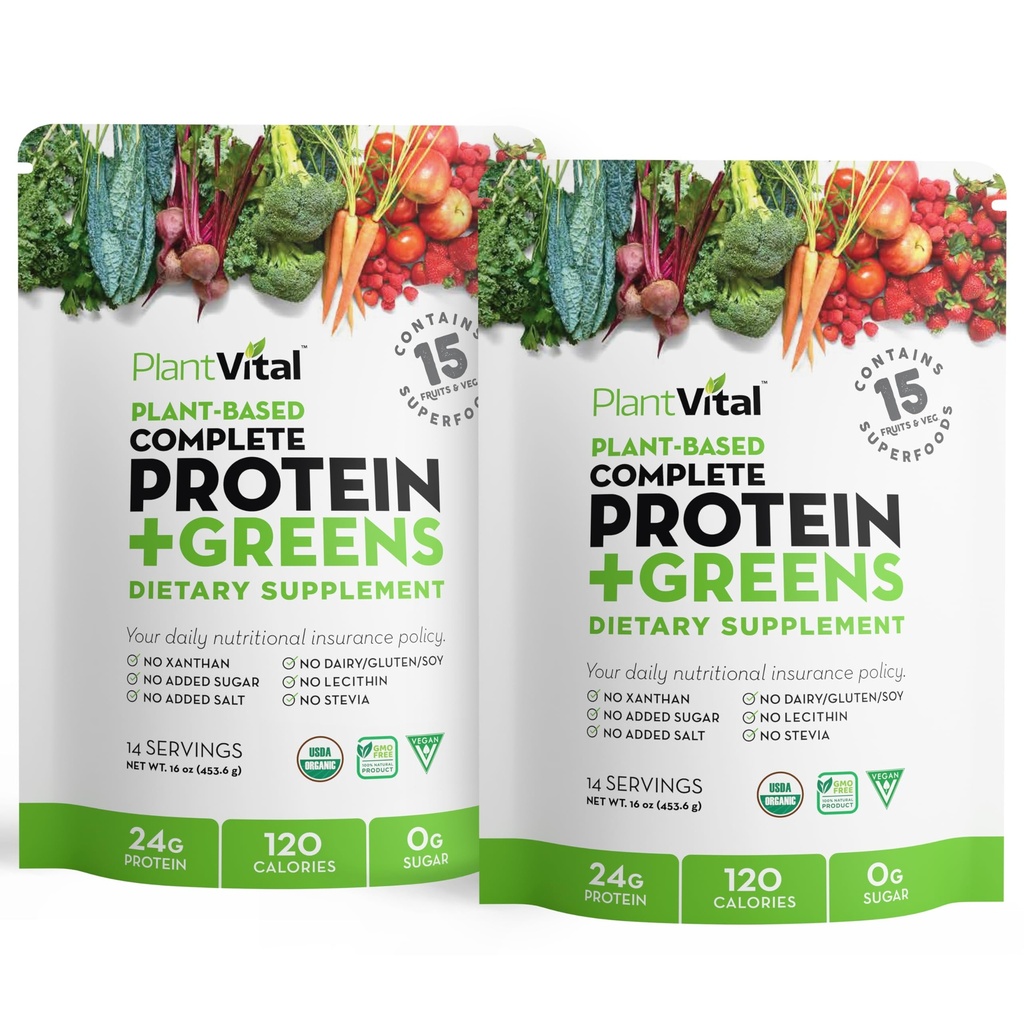 Plantvital Maitsestamata Orgaaniline Vegan Valgu Pulber - 15 Superfoods, Köögiviljad ja probiootikumid - Orgaaniline Taimepõhine Valgu Pulber - Kõik BCAA-d, Gluteenivaba - 16oz (pakk 2)