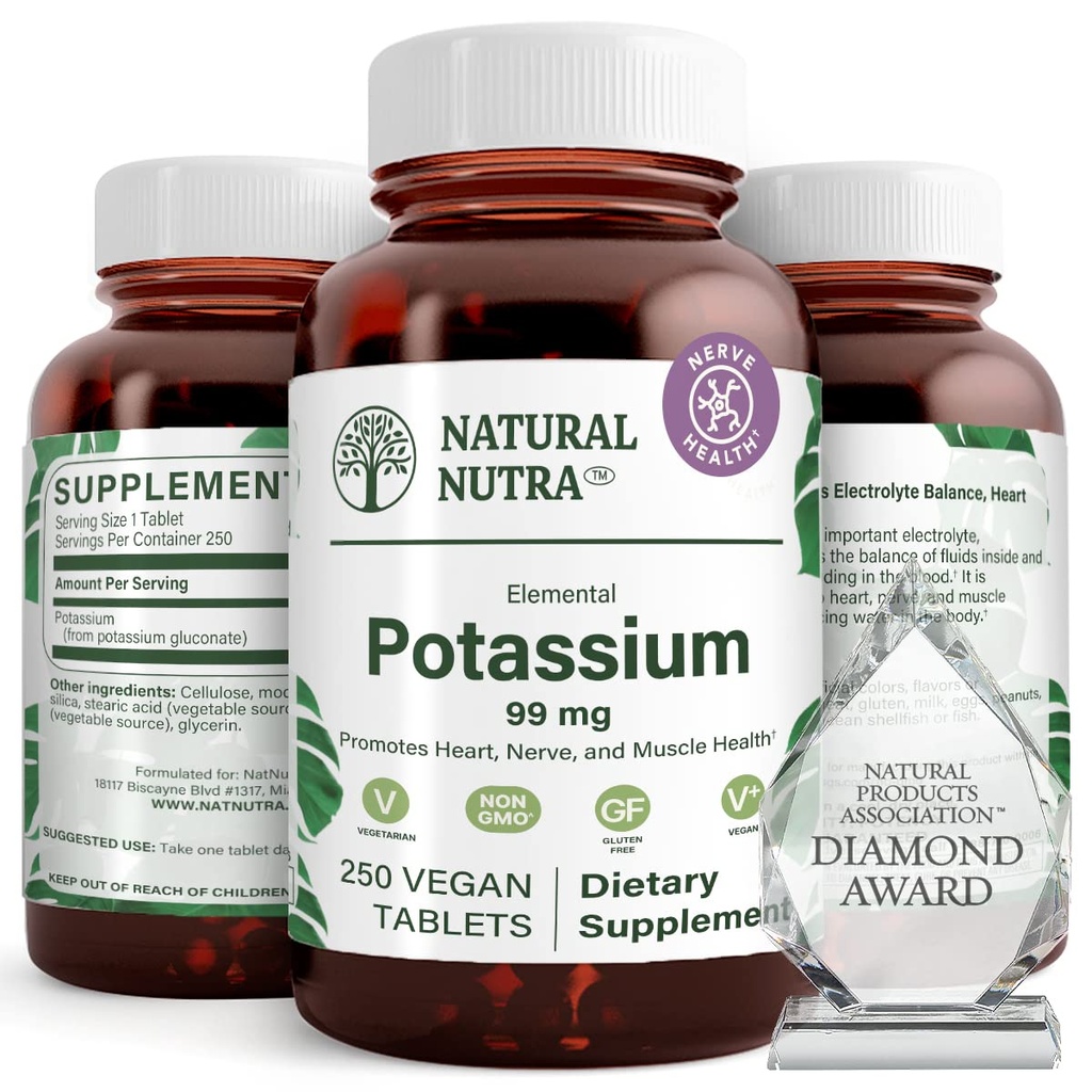Natural Nutra Elemental Kaalium Gluconate 99 mg Toidulisand - Soodustab Energiat, Aitab Suurendada Närvisüsteemi, Soodustab Südame Tervist, Mineraalregulatsiooni, Lihasfunktsiooni - 250 Vegan Tablett