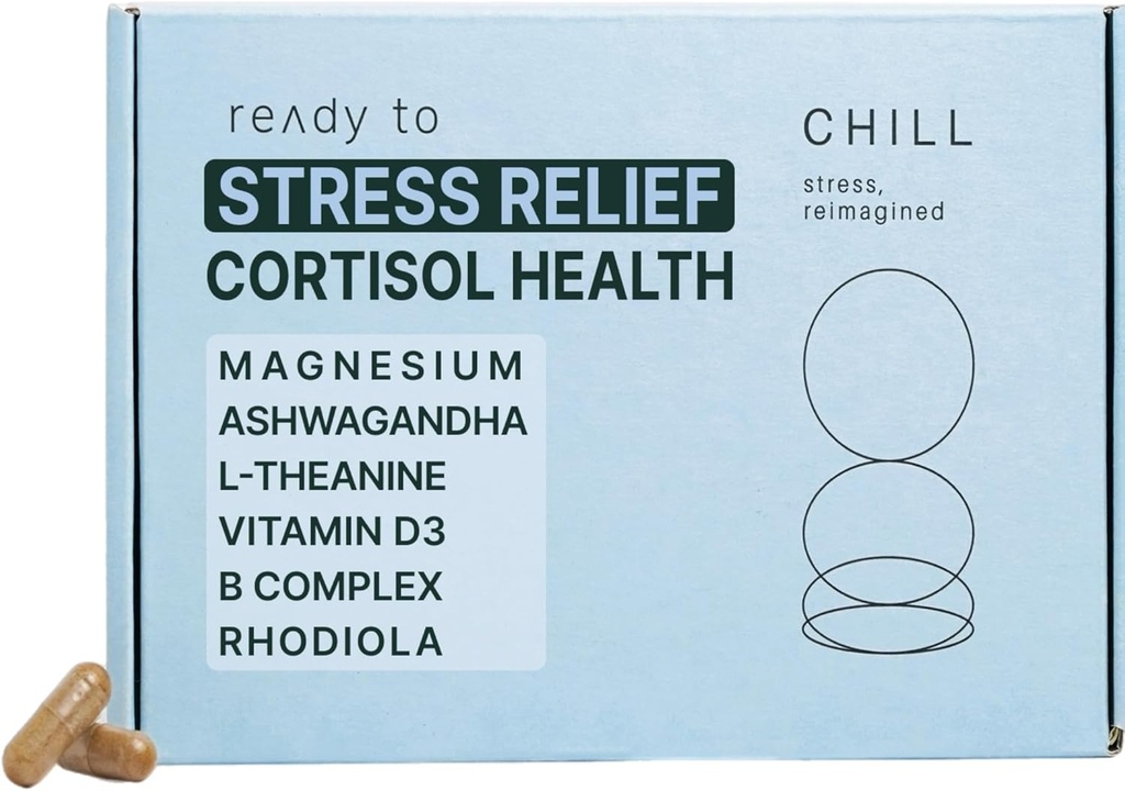CHILL stressi leevendamise täiendus - kortisooli tervis naistele ja meestele - tasakaalustatud meeleolu, lõdvestumine ja uni - magneesium, ashwagandha, L-Theanine, B kompleks - 60 kapslit 11/30/25 aegumine