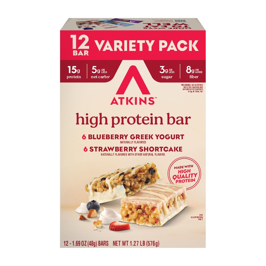 Atkins Blueberry Kreeka jogurt & Strawberry Shortcake High Protein Bar, High Fiber, Keto Friendly, 12 Count (6 Bars iga maitse)