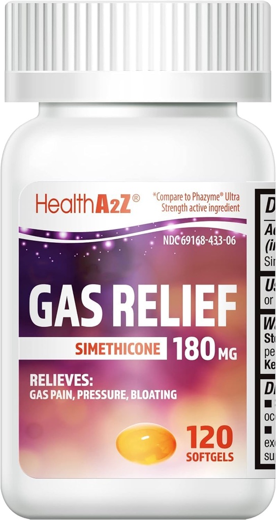 HealthA2Z® Gas Relief Simethicone | 180 MG | Vabaneb kõhu ebamugavusest ja gaasist | Anti Flatulence | Leevendab gaasi kiiret (120 loend (1. pakk))