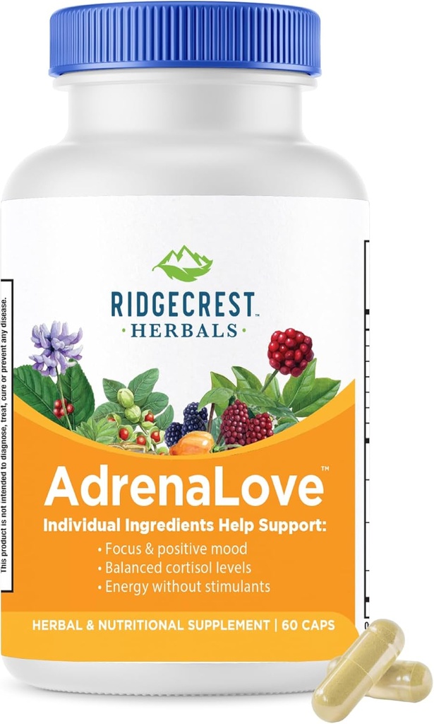 Ridgecrest taimed AdrenaLove, stress ja energia toetus täiendada Ashwagandha, L-Theanine, ženšenn, Schisandra, Taurine, Püha basiilik, Adaptogeenid, B vitamiinid (60 Vegan Caps, 30 Serv)