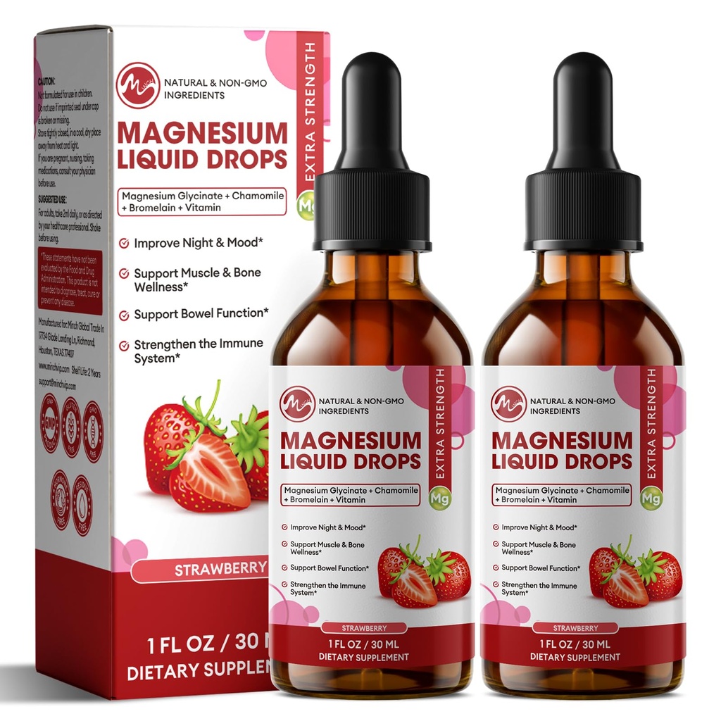 M tolli Magneesiumglütsinaat Vedelik, kõrge imendumine Magneesium Vedelik tilgad tsellulooskiud, Bromelain, Vitamiin B6, C, D, Tsink, Magneesiumilisa lastele ja täiskasvanutele, Maasikamaitse, 2 Pack